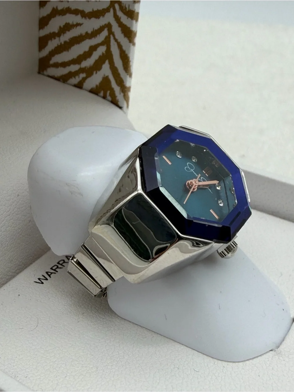 Jessica Simpson Blue Bezel Ring Watch with Silver Band